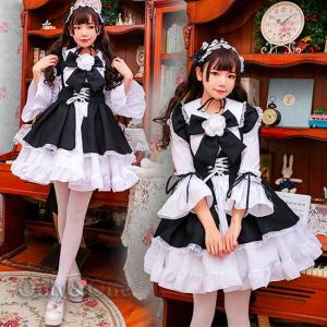 メイド コスプレ 胸元大型リボン ウエスト 編み紐 フリル袖　アイテム豊富　豪華セット
