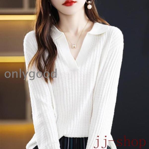 ニット レディース 襟付き Vネック えり トップス 秋 春 無地 長袖 かわいい おしゃれ シャー...