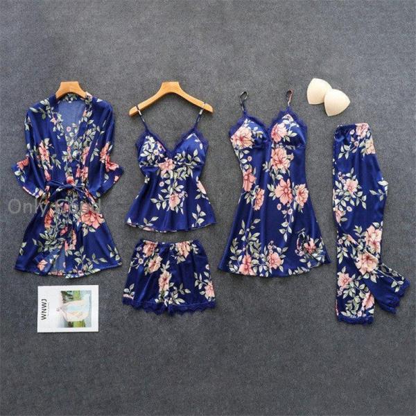 5 点レディースのステインシルクパジャマセットレディース花印刷パジャマ春夏スリングショーツホームウェ...