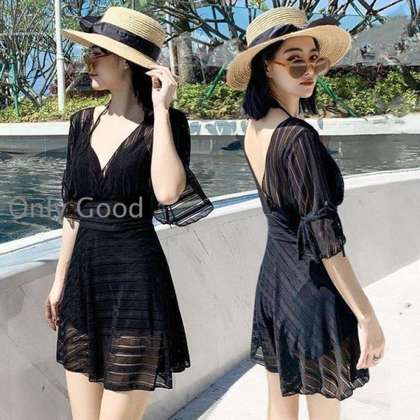 水着レディース体型カバー水着ワンピース型サロベット水着半袖黒レースショットパンツ小胸バンドゥ40代オ...