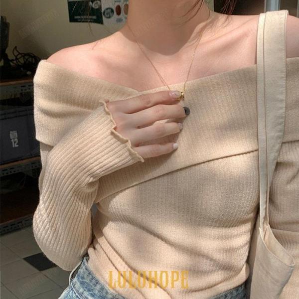 ニット 長袖 オフショルダー レディース アシメントリー フレア ミディアム 無地 カラバリ豊富 お...