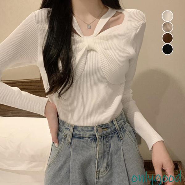 フロントリボンリブニットトップス大人秋服