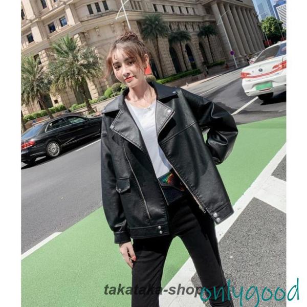 ライダース ジャケット レディース アウター 秋冬 春 秋 黒 フェイクレザージャケット 大きいサイ...