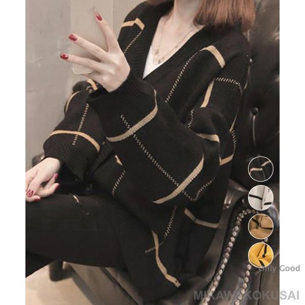 ニットカーディガン BIGチェック柄秋冬