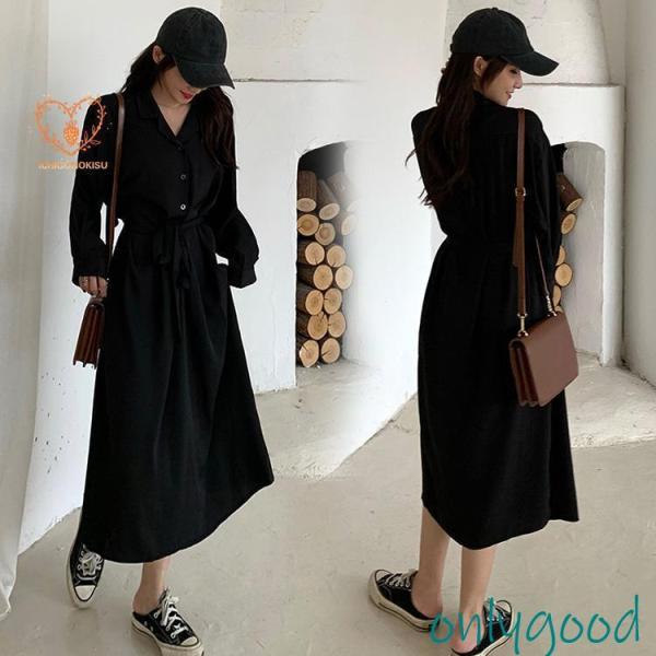 ワンピース レディース 40代ワンピース 秋冬新作 長袖ワンピース きれいめ シャツワンピース 黒 ...