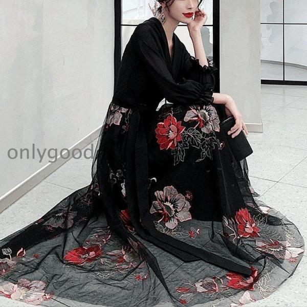 おしゃれパーティードレス ドレス カジュアルドレス イブニングドレス ロング Aライン 袖あり 長袖...