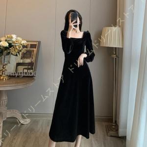 黒 ワンピース レディース ベロア ベルベット ロングワンピース レース