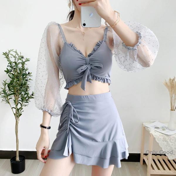 水着 タンキニ 上下セット セパレート レディース 女性 スイムウェア 長袖 フリル リボン シアー...