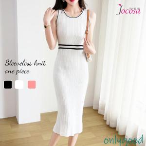 ニットワンピース ノースリーブ タイト ウエストライン 膝下丈 夏