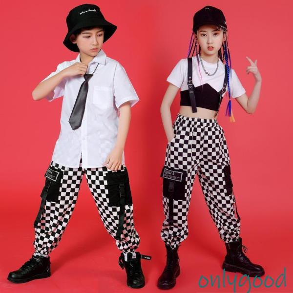 キッズダンス衣装 チェック柄 セットアップ ヒップホップ チェック カーゴパンツ 韓国 かっこいい ...