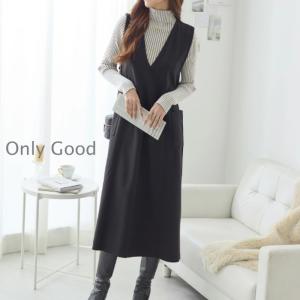 V襟ジャンバースカート 暖か 防寒 ひざ丈 ダブルポケット ジャンパー
