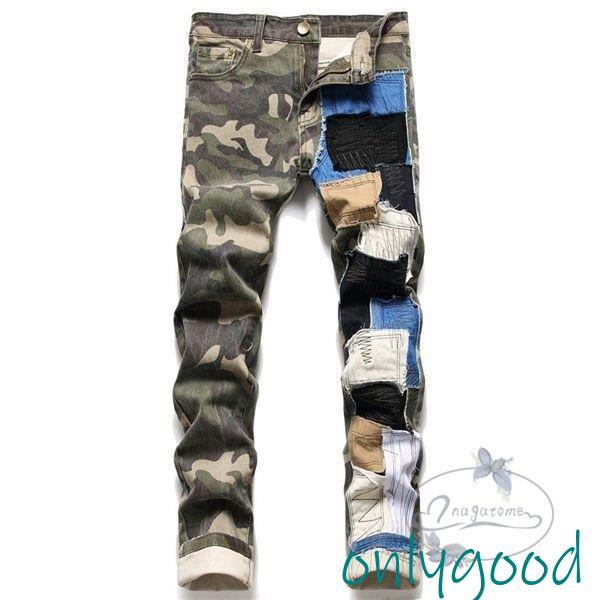 ジーンズ デニムパンツ メンズ 迷彩 カモフラ 配色切替え 伸縮 細身 スキニーデニムパンツ イージ...
