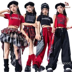 キッズダンス衣装 チア ヘソ出し 女の子 黒 赤 ジャズ トップス スカート カーゴパンツ 子供服 ヒップホップ セットアップ ステージ衣装 チェック おしゃれ jaz