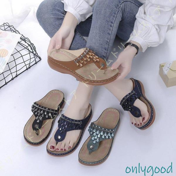 厚底 ビーチサンダル レディース ウエッジ ソール ビーサン トングサンダル ビジュー付き サンダル...