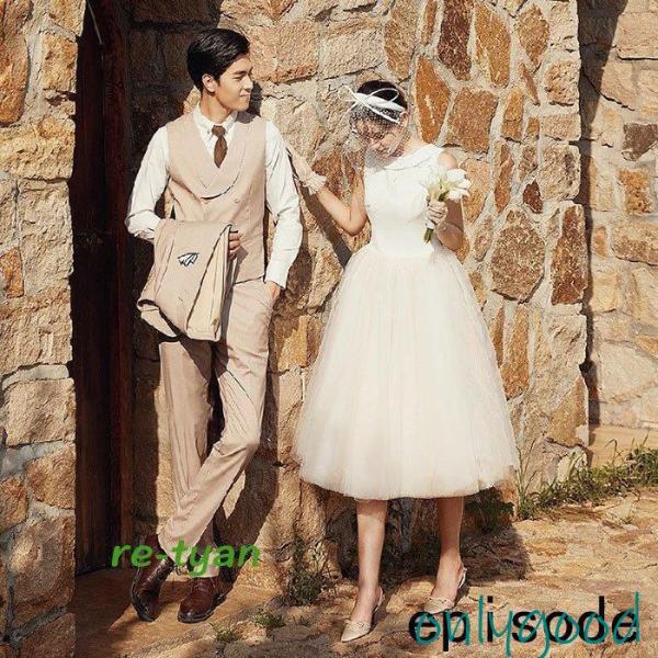 ミモレ丈ドレス ウェディングドレス 結婚式 白ワンピース 二次会 花嫁 Aライン チュールスカート ...