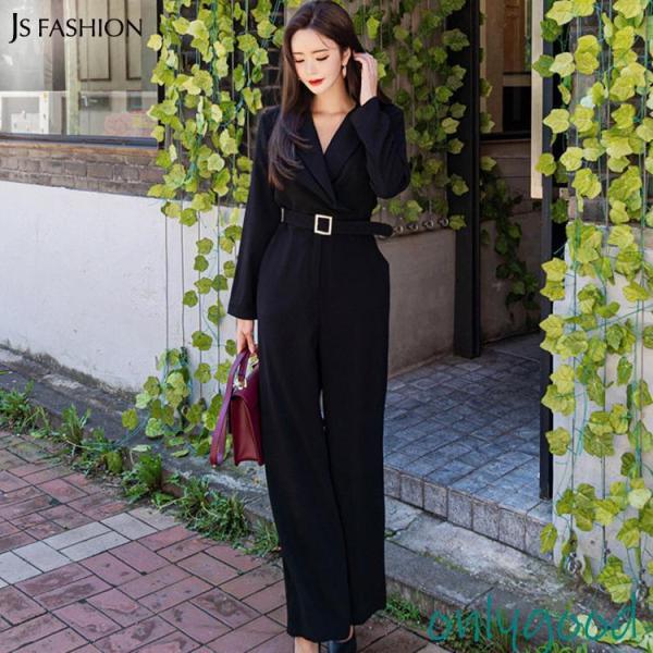 パンツドレス 襟付き カシュクール風Vネック オールインワン ワイドパンツ ロングパンツ  レディー...