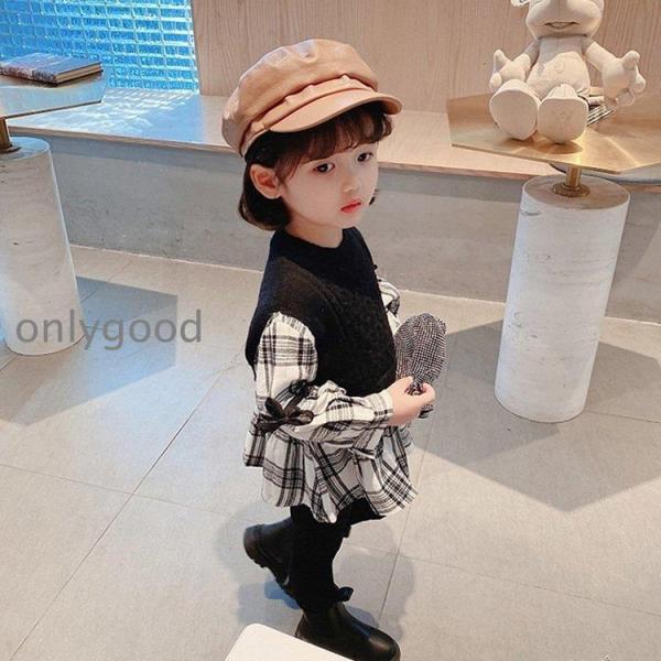 ことも服 ワンピース トップス 女の子 長袖 チェック ブラック ショート お姫様 可愛い おしゃれ...