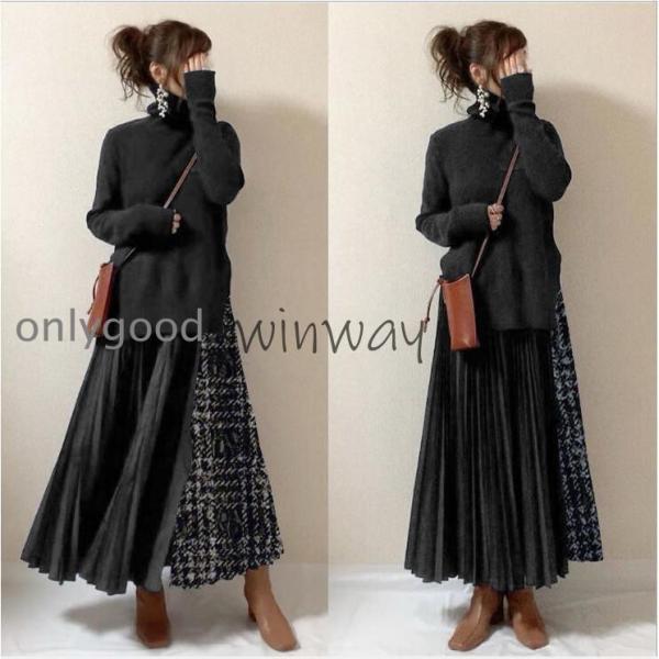 ニット トップス セットアップ ハイネック レディース ロング丈  秋 冬 バイカラー 長袖 体型カ...