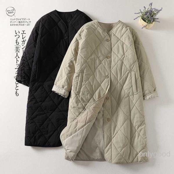 キルティングコート レディース 秋冬 ロングコート ノーカラー 中綿 キルティングジャケット 前開き...