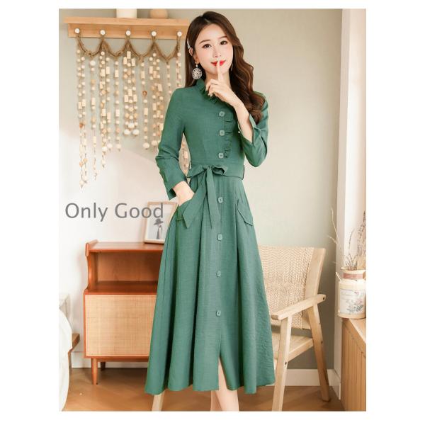 ワンピース レディース 秋 冬 40代 50代 きれいめ 長袖 マキシワンピース 綿麻 ロング丈 上...