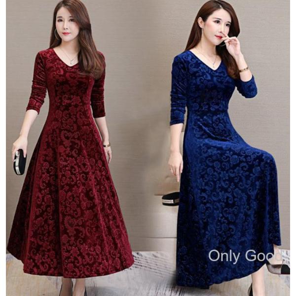パーティードレス 結婚式 40代 30代 20代 ロング丈 袖あり 長袖 韓国風 大きいサイズ フォ...