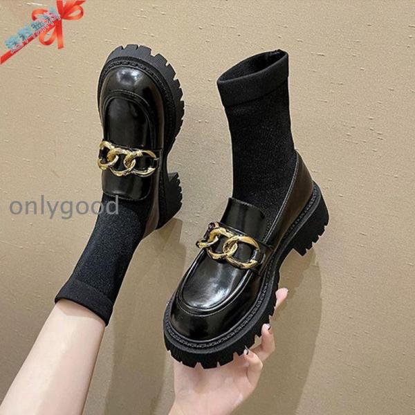 ビット ローファー ブーツ カジュアル 厚底 黒 ブラック 韓国ファッション