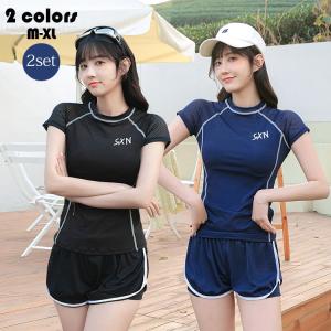水着 レディース 体型カバー おしゃれ 2点セット フィットネス水着 ママ 水泳服 スイムウェア 半袖トップス ショットパンツ 人気 温泉 海水浴 代30代40代 2色 Y Mooti 通販 Yahoo ショッピング