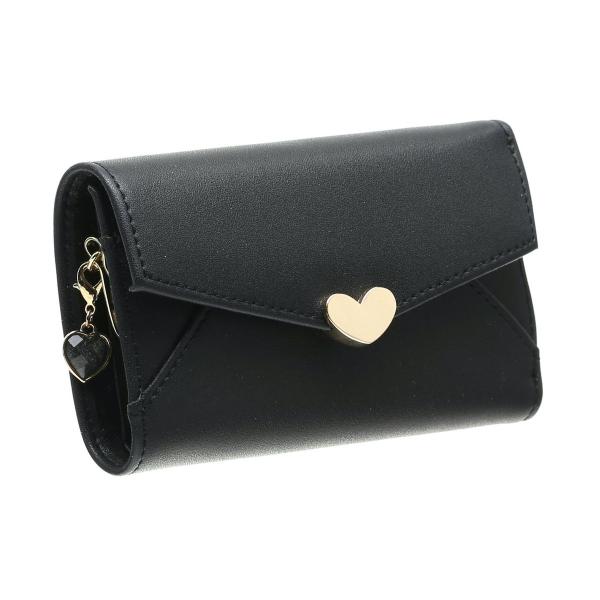 本革 ハートモチーフ レター型 キーケース ミニ財布 ハート チャーム 付き ブラック onlyou...