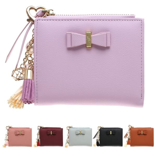 財布 折財布 合成皮革 ダブルリボンシンプル カード 韓国 薄型 小銭入れ 使いやすい 小さめ シン...