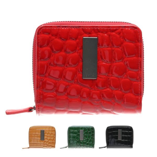 シンプル エナメル クロコ柄 ミニ 2つ折り財布 コンパクト ミニ財布 折財布 ファスナー レディー...