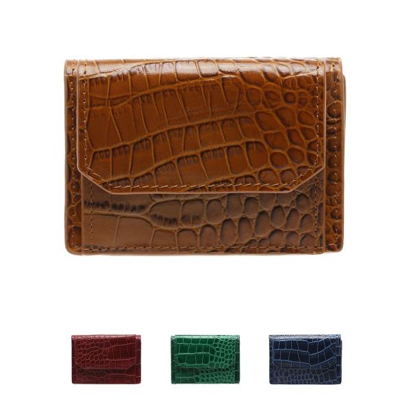 omnia オムニア 牛革 本革 クロコ柄 シンプル ボタン ミニ 3つ折り財布 コンパクト ミニ財...