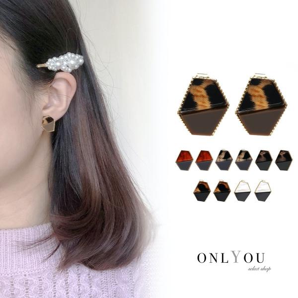 ピアス レディース アクセサリー 韓国 シンプル ハーフヘキサゴン ヒョウ柄 レオパード