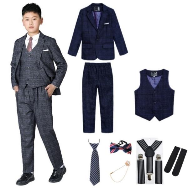 8点セット キッズスーツ 男の子 フォーマルスーツ ジャケット パンツ ベスト ネクタイ 発表会 結...