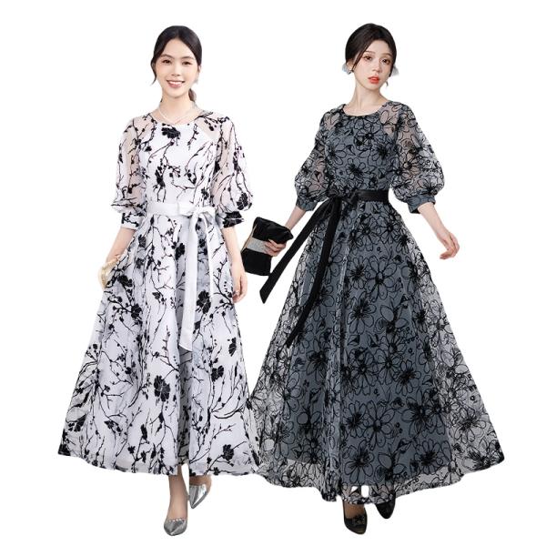 ドレス 花柄ワンピース シフォン ロング丈 パーティードレス 結婚式 二次会 披露宴 体型カバー ワ...