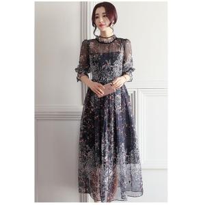 マキシ丈 ワンピース 花柄 シフォン ワンピー...の詳細画像2