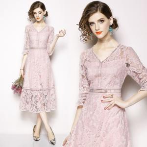 人気 Vネック レース ワンピース ドレス フ...の詳細画像1