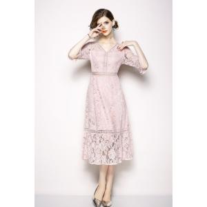 人気 Vネック レース ワンピース ドレス フ...の詳細画像3