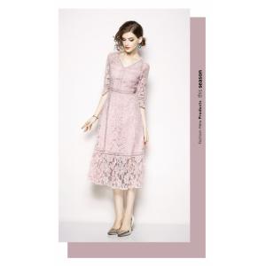 人気 Vネック レース ワンピース ドレス フ...の詳細画像4