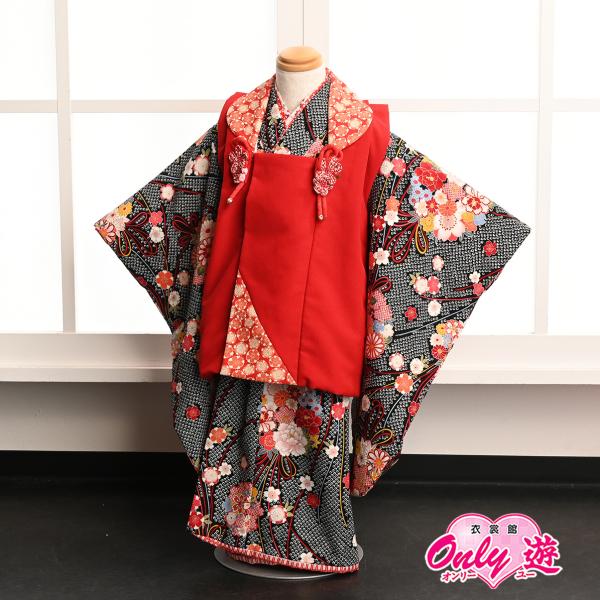 B18-0330/被布セット/レンタル/女の子/花夢二/03-154OI/七五三/3歳/赤/黒/古典...