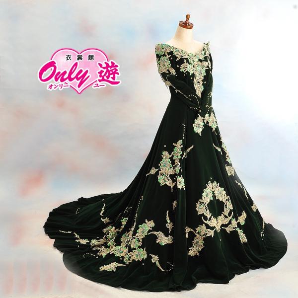 ドレス/レンタル/レディース/スレンダーライン/7号/ベルベット/グリーン/花嫁/結婚式/