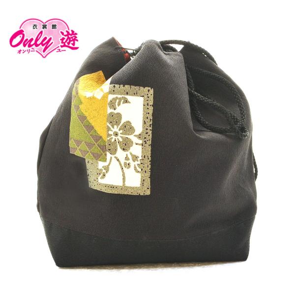 巾着/レディース/KN-208/卒業式/街着/ゆかた/レンタル/黒/友禅/着物レンタル