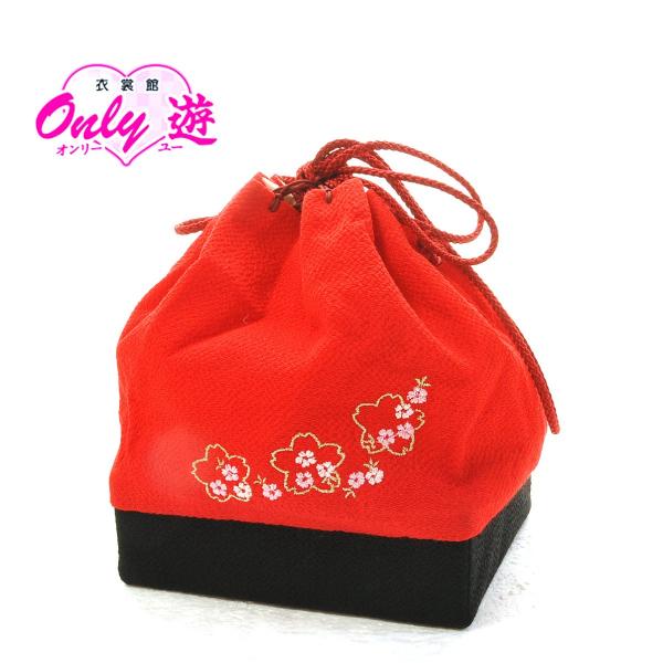 巾着/レディース/KN-308/卒業式/街着/ゆかた/レンタル/ちりめん/赤/刺繍/着物レンタル