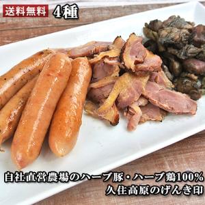 久住高原のげんき印 4種セット(赤鶏の炙り焼き、赤鶏の炭火焼き、プレーンウインナー、スパイシーウインナー) 藤野屋 送料無料｜onsenken-oita