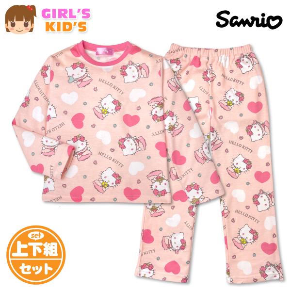 送料無料 サンリオ ハローキティ パジャマ 女児キッズ 女の子 上下セット 長袖 綿混 ルームウエア...