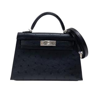 エルメス HERMES ミニケリー2 W刻 ブラック シルバー金具 オーストリッチ ハンドバッグ ショルダーバッグ レディース 中古