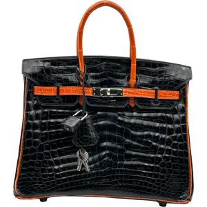 エルメス HERMES バーキン25 □H刻印 ブラック/オレンジ シルバー金具 ニロティカス ハンドバッグ レディース 中古
