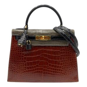 エルメス HERMES ケリー28 外縫い トリコロール 〇X刻 ミール/グリシマン/ブラック ゴールド金具 アリゲーター ショルダー レディース 中古