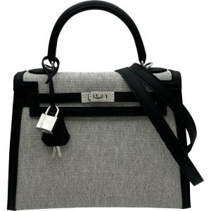 エルメス HERMES ケリー25 外縫い G刻 エクリュ/ブラック/シルバー金具 トワル/スイフト ショルダーバッグ レディース 中古