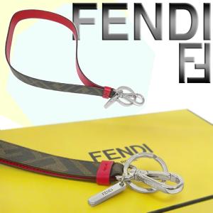 【超美品 ほぼ未使用】 フェンディ FENDI バッグハンドル ストラップ キーリング キーホルダー レザー ズッカ ロゴ ブラウン レッド 箱付｜oomoto122