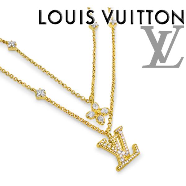 【未使用 超美品】 ルイヴィトン LV ロゴネックレス ペンダント 2連 ダブル ラインストーン ゴ...